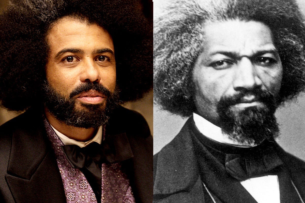 Side-by-side photos of Diggs and Douglass with large combed-out hairdos with a streak of white, neatly groomed facial hair, and suits with bow ties.