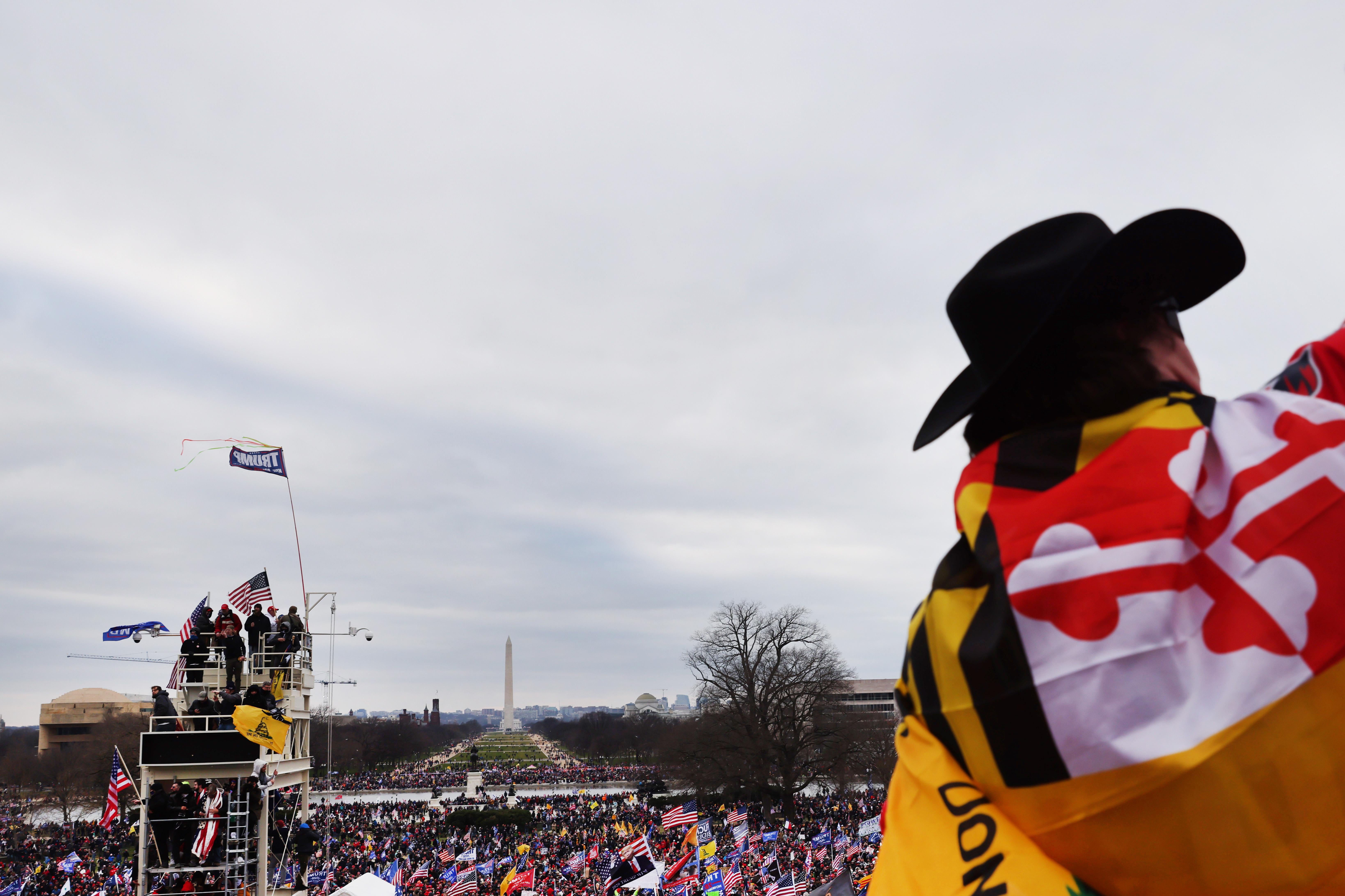 A man in a cowboy hat with a Don't Tread on Me flag raises his fist above a crowd of protesters.