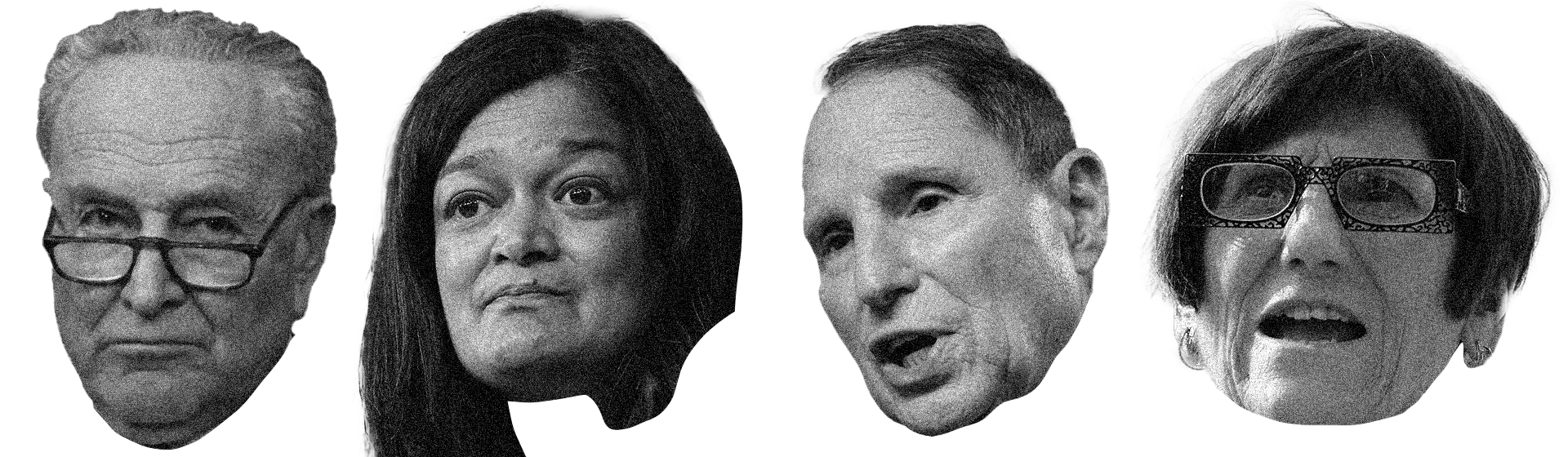 The faces of Chuck Schumer, Pramila Jayapal, Ron Wyden, and Rosa DeLauro, side by side and in black and white.