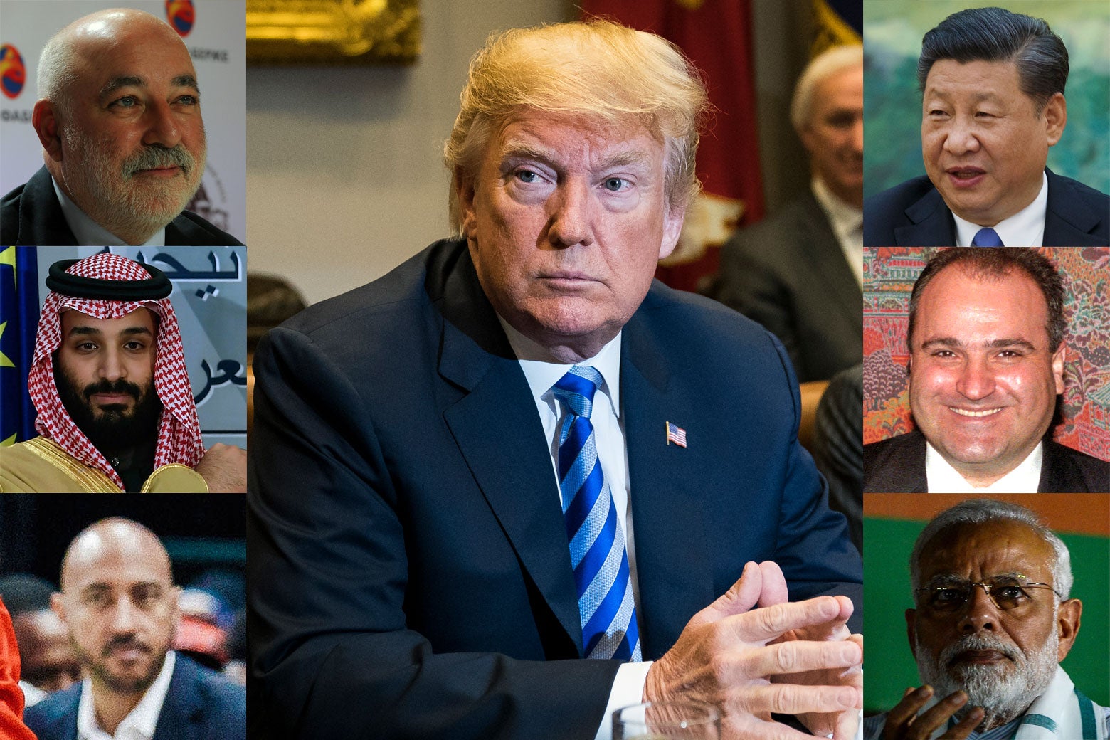 Headshots of the various individuals arrayed around a picture of Trump.