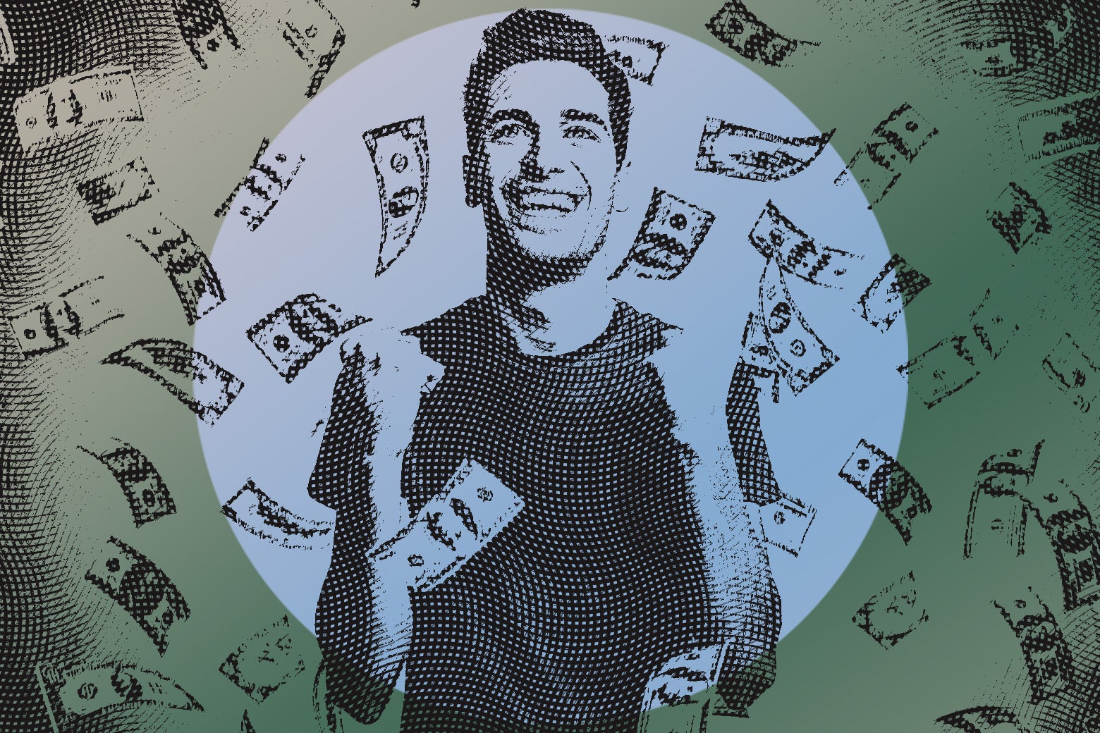 Man looking overjoyed with money floating around him.