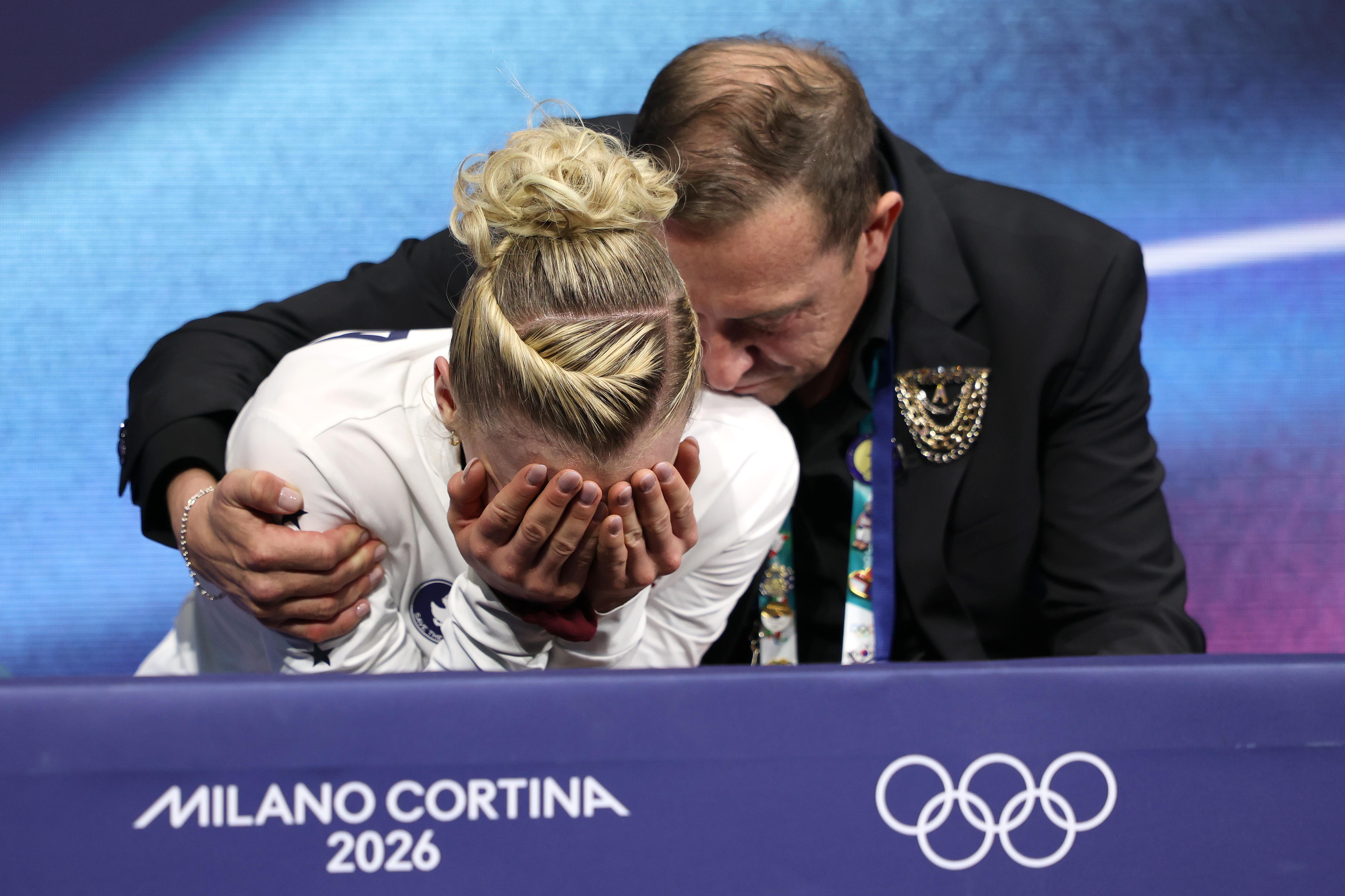 MILAN, ITALY - FEBRUARY 17: Amber Glenn of Team United States looks dejected in the Kiss and Cry zone after competing during the Women's Single Skating - Short Program on day eleven of the Milano Cortina 2026 Winter Olympic games at Milano Ice Skating Arena on February 17, 2026 in Milan, Italy. (Photo by Joosep Martinson/Getty Images)