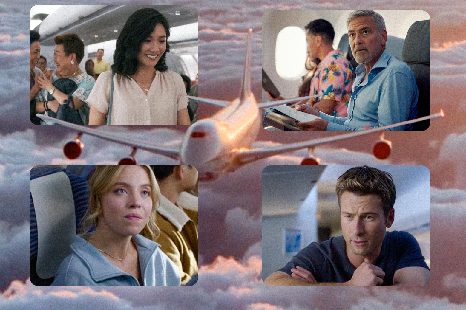 Collage of the movies Crazy Rich Asians, Ticket to Paradise, and Anyone but You, overlaying a photo of a plane in the sky.