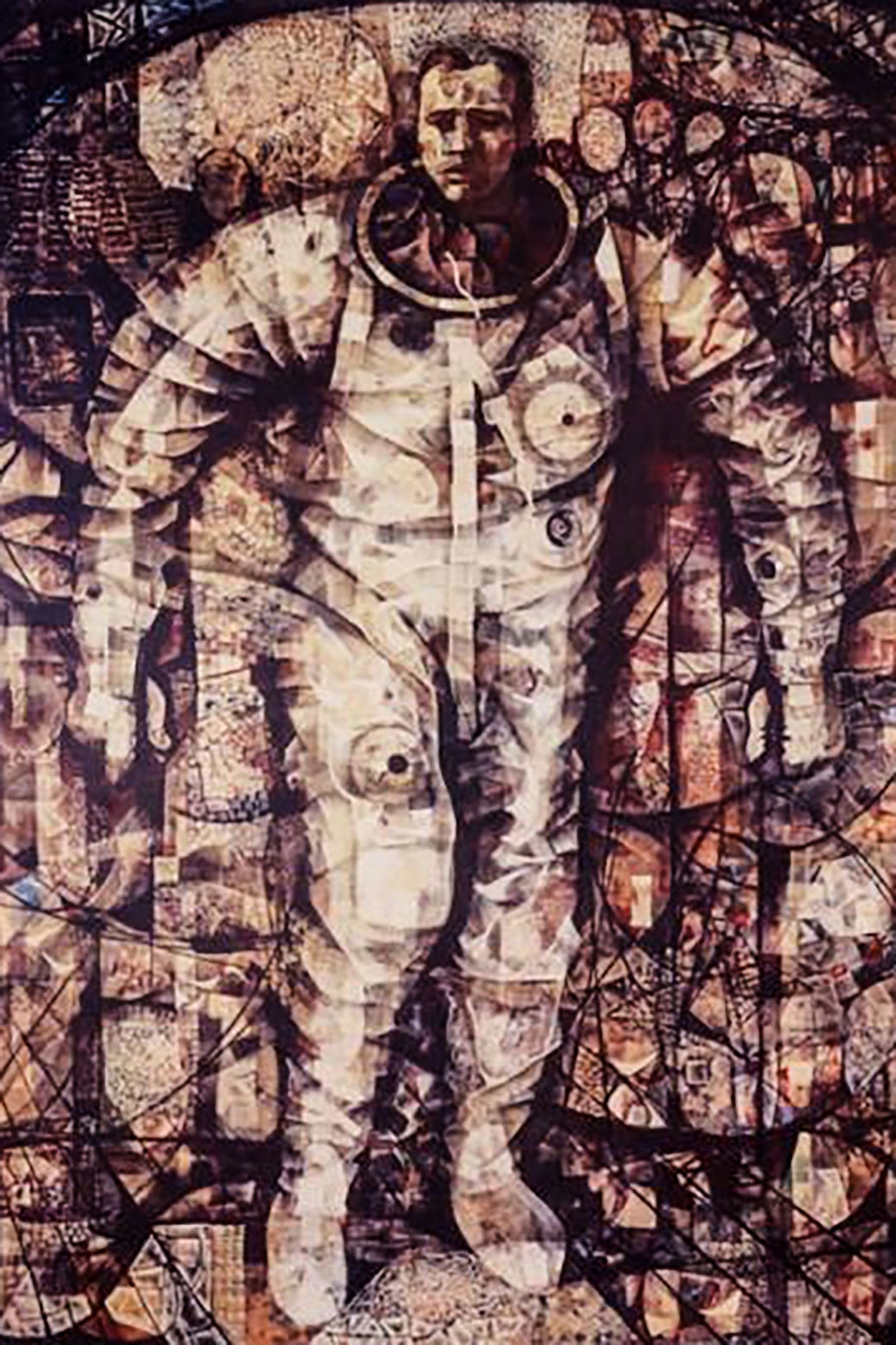 A rather collage-looking painting of an astronaut in classic spacesuit.
