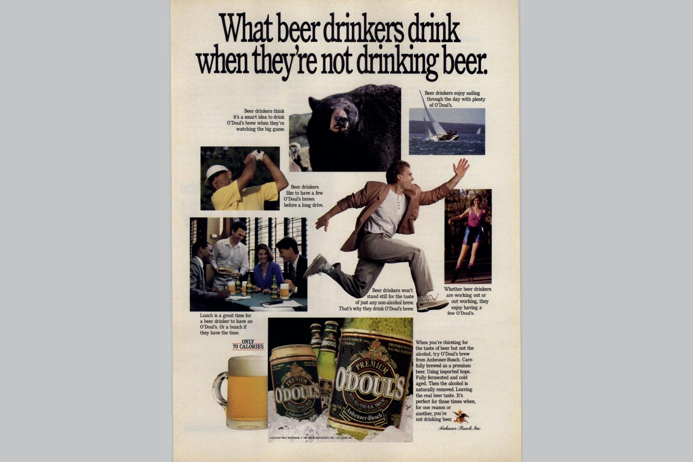 A vintage O'Doul's ad poster from the 1990s, titled "What Beer Drinkers Drink When They're Not Drinking Beer," featuring people performing various athletic feats, sailing, running, golfing, and socializing, while enjoying nonalcoholic beer.