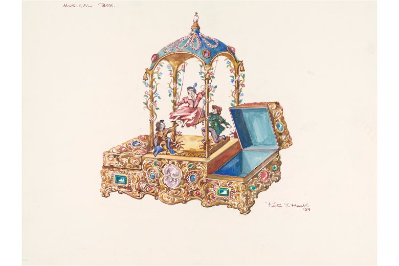 An elaborately decorated music box with a dancing woman attended by two men