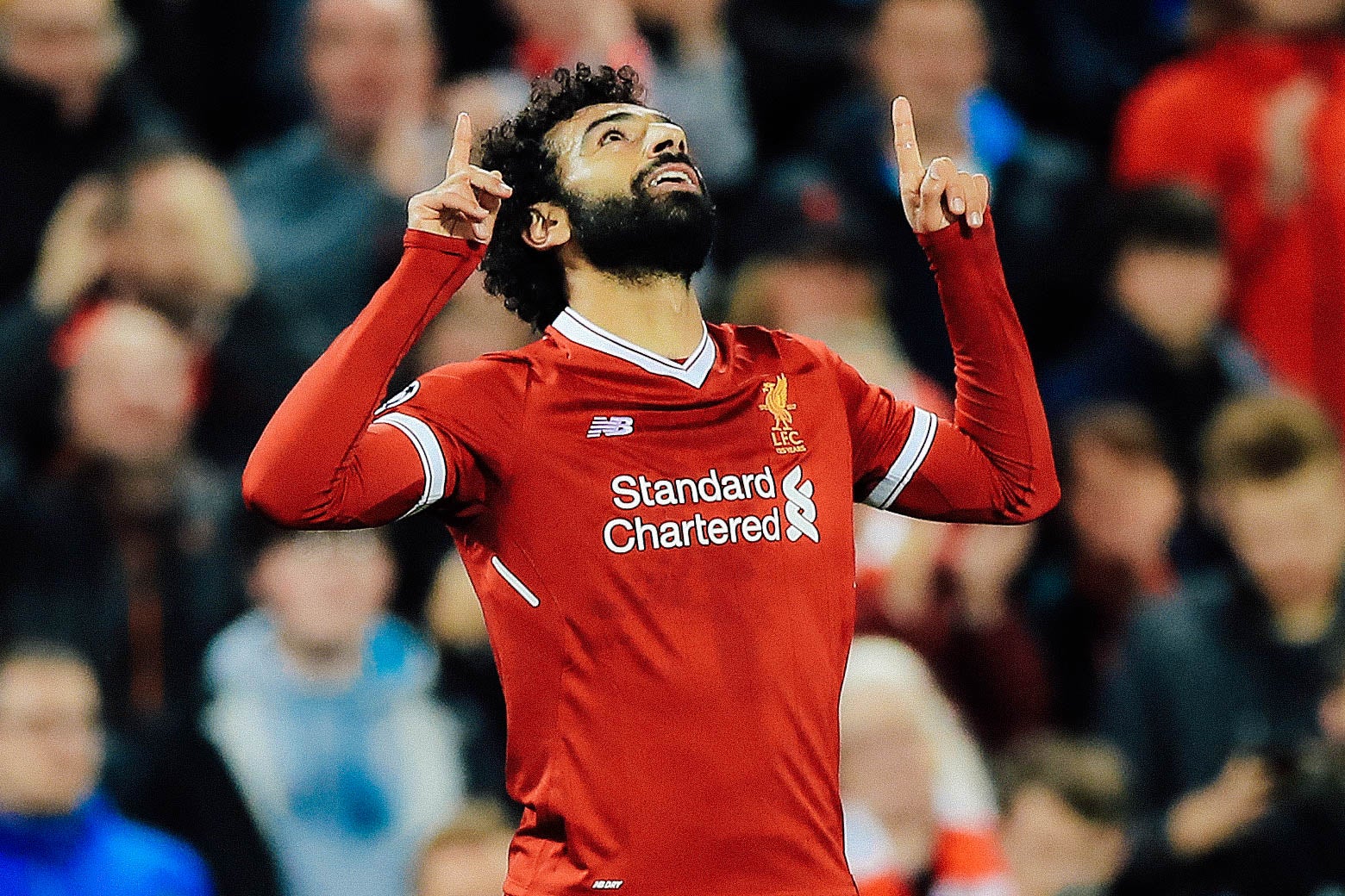 Liverpool’s Mohamed Salah celebrates scoring his side’s second goal of the game during the Champions League in Anfield stadium in Liverpool, United Kingdom.