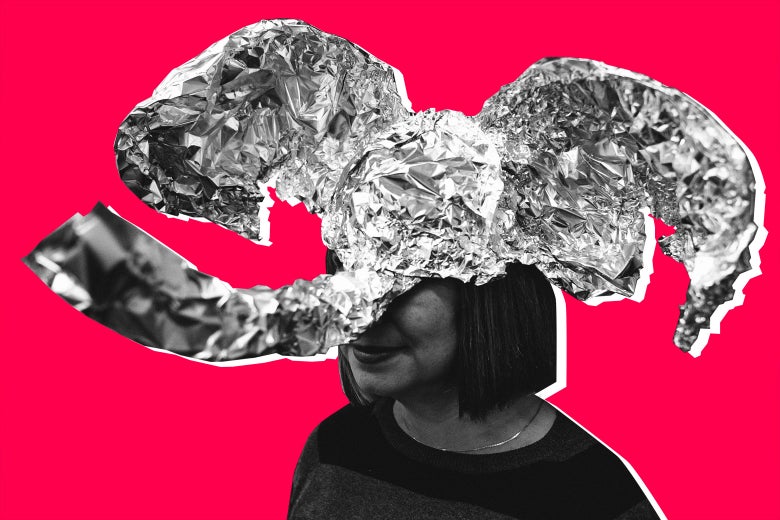 A GOP elephant hat made of tinfoil on a woman who looks very conservative.