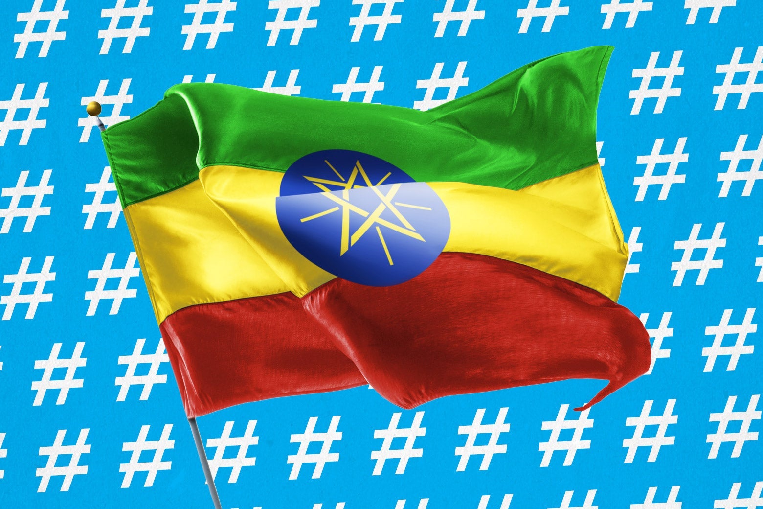 An Ethiopian flag surrounded by hashtags.