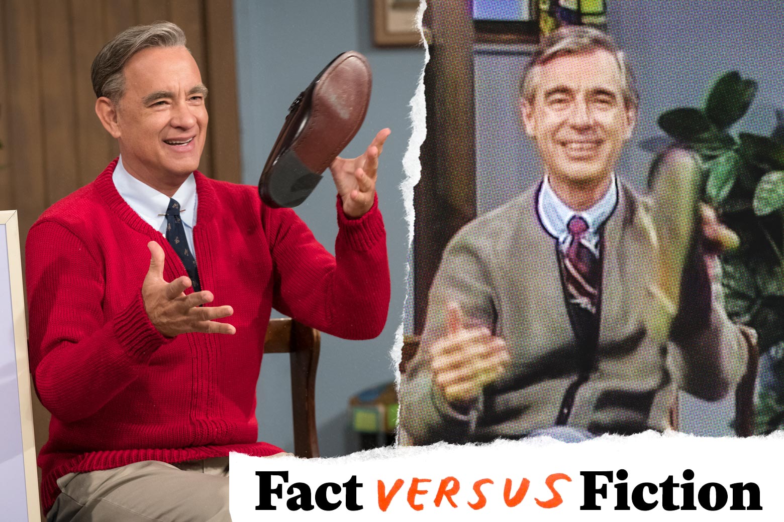 Tom Hanks as Fred Rogers in A Beautiful Day in the Neighborhood and Fred Rogers in Mister Rogers' Neighborhood.