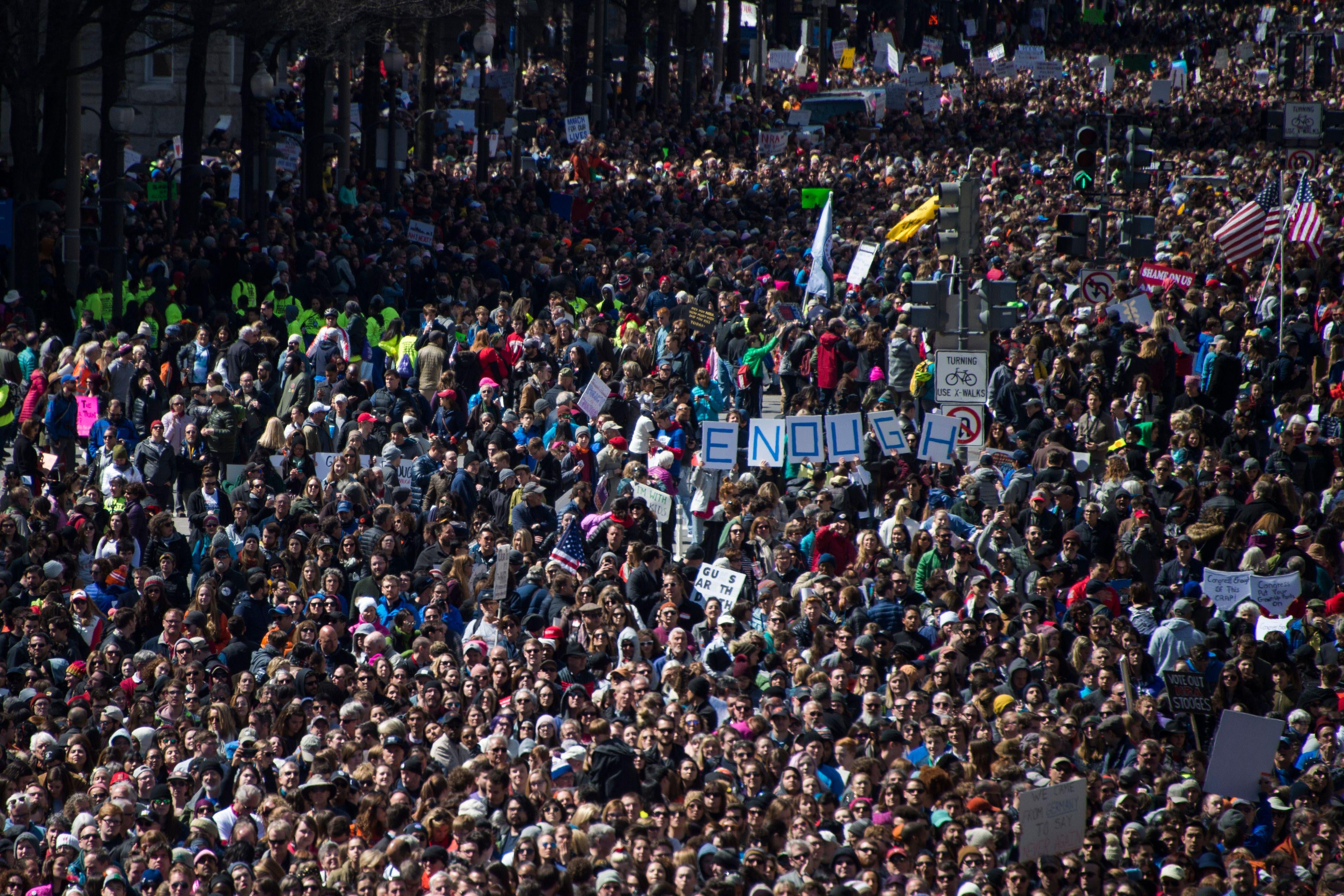 People gather during the March for Our Lives Rally in Washington, DC on March 24, 2018.