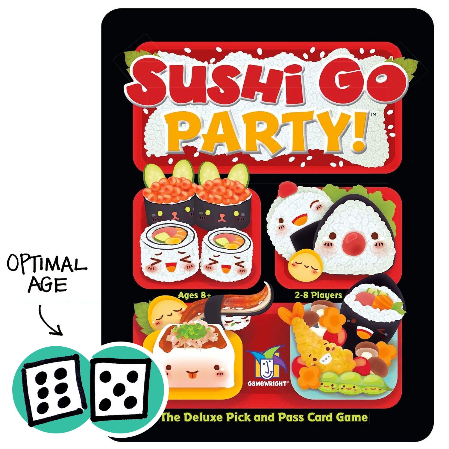 Sushi Go Party! with dice showing optimal age