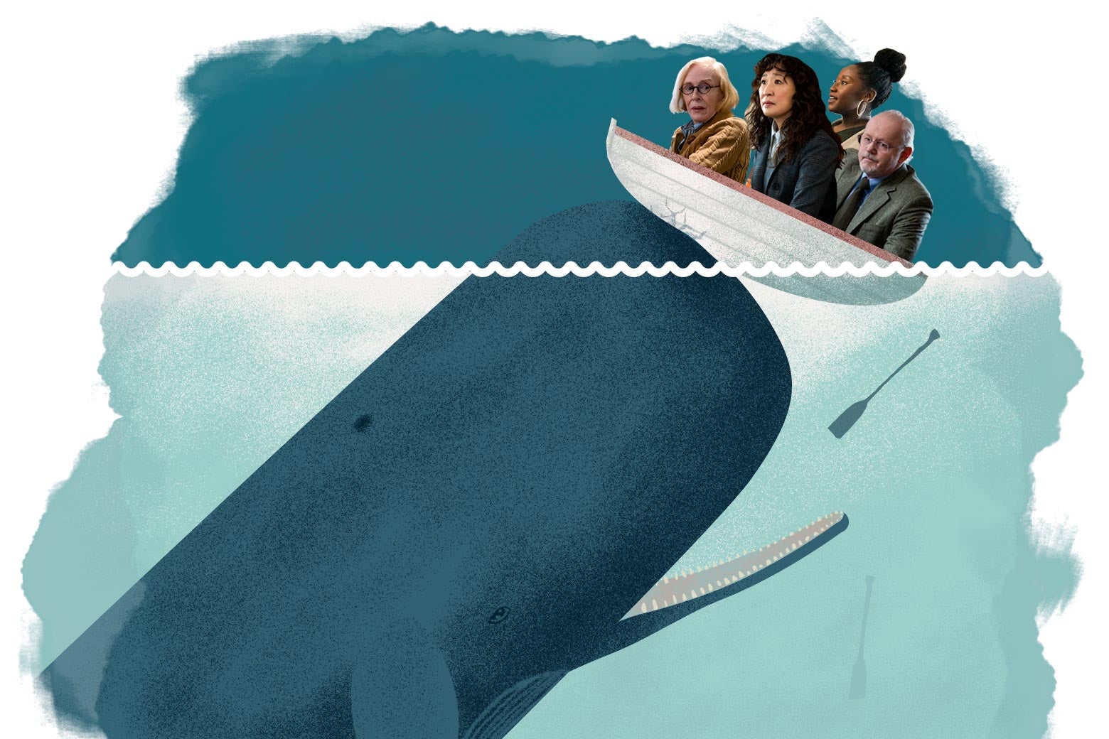 Illustration of a whale butting its head up against the bottom of a boat containing Sandra Oh, Holland Taylor, Bob Balaban, and Nana Mensah as their professor characters in The Chair