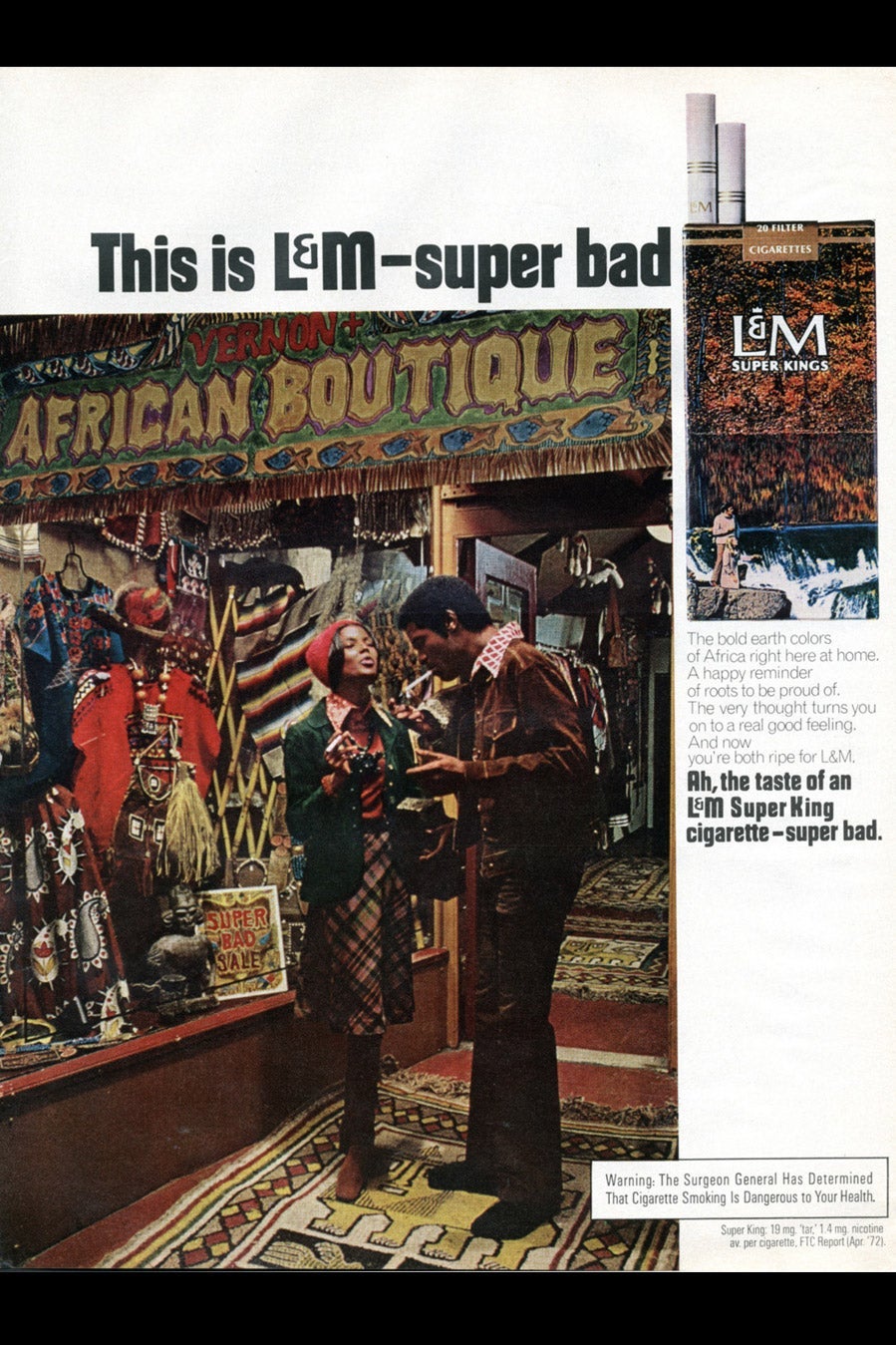 An ad for L&M Super Kings cigarettes depicting a Black couple in front of a African boutique.