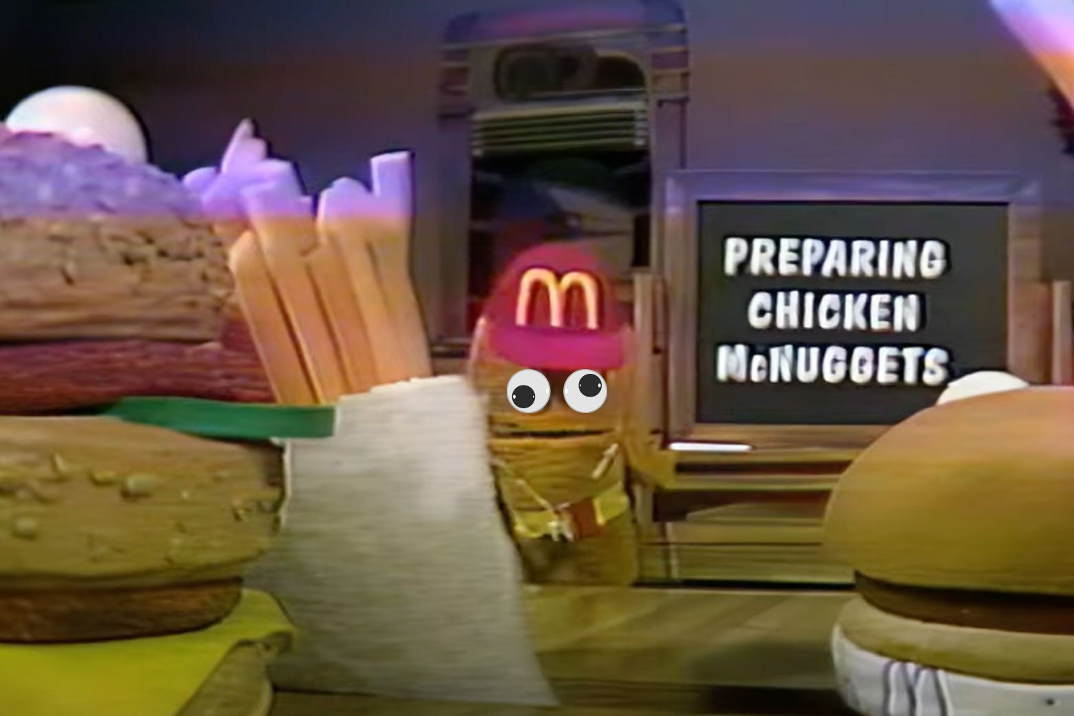 An anthropomorphic McNugget from an old training video has new googly eyes. 