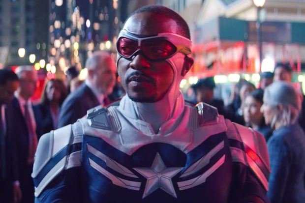 Sam Wilson wearing his new Captain America suit in a still from the show