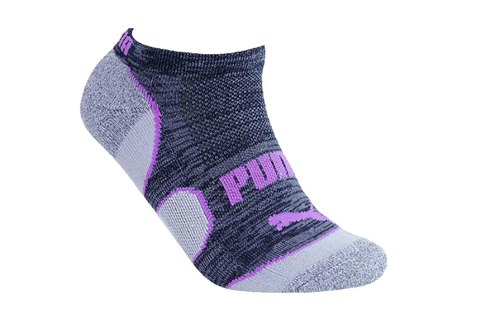 Gray socks with purple trim.