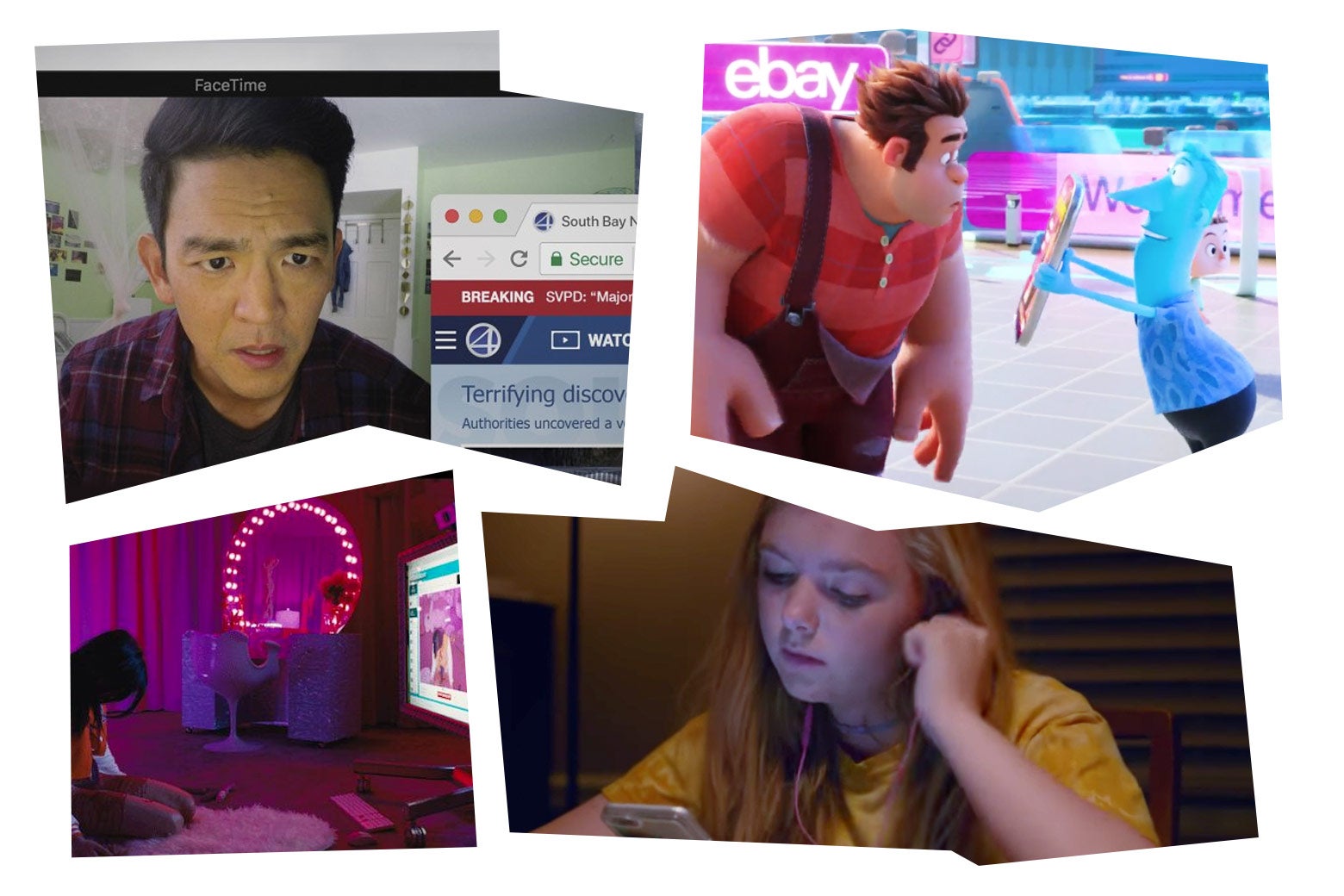 Photo illustration of John Cho in Searching, Ralph Breaks the Internet, Elsie Fisher in Eighth Grade, and Madeline Brewer in Cam.