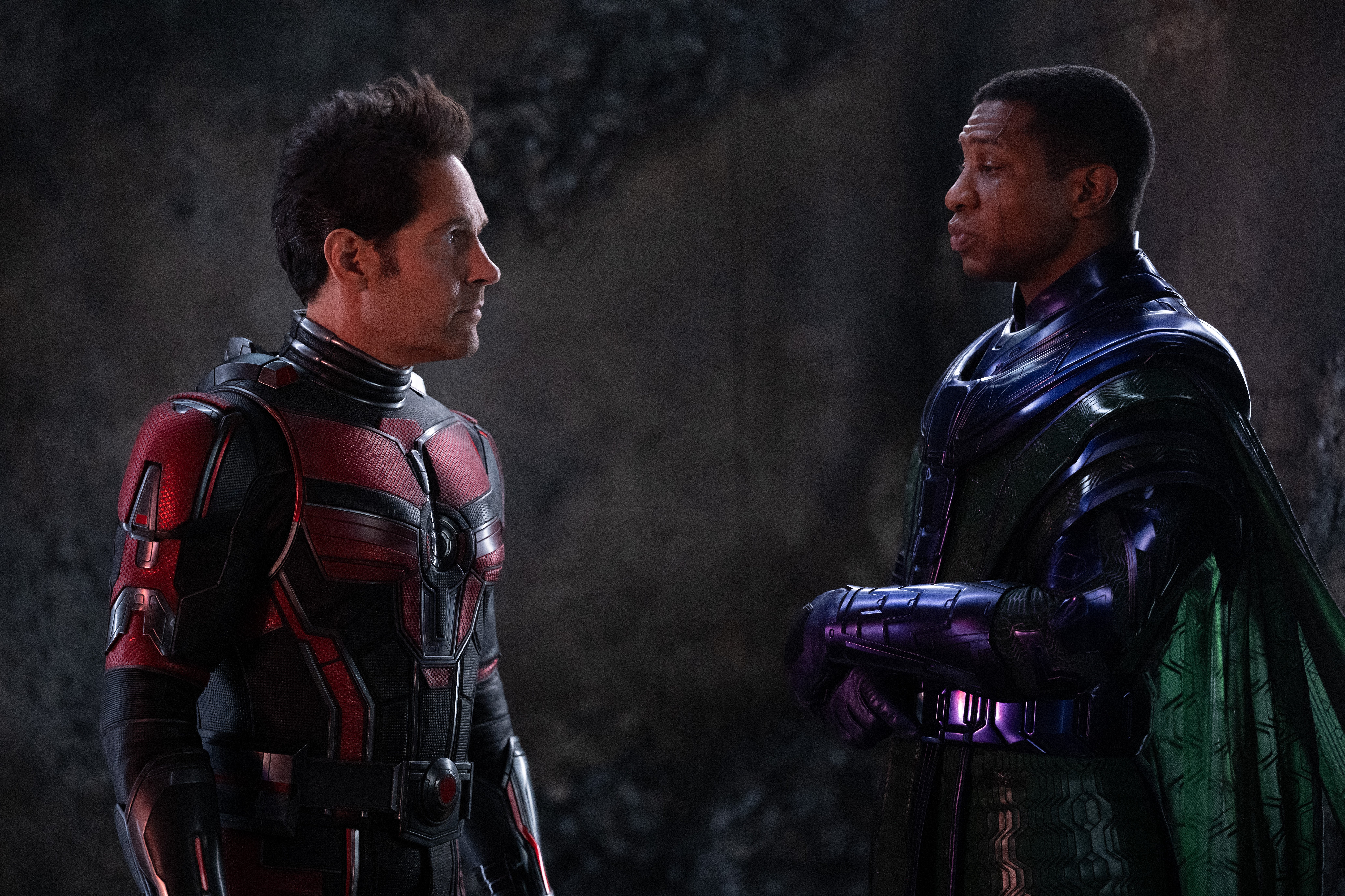 Jonathan Majors' Kang the Conqueror, right, with Paul Rudd's Ant-Man.