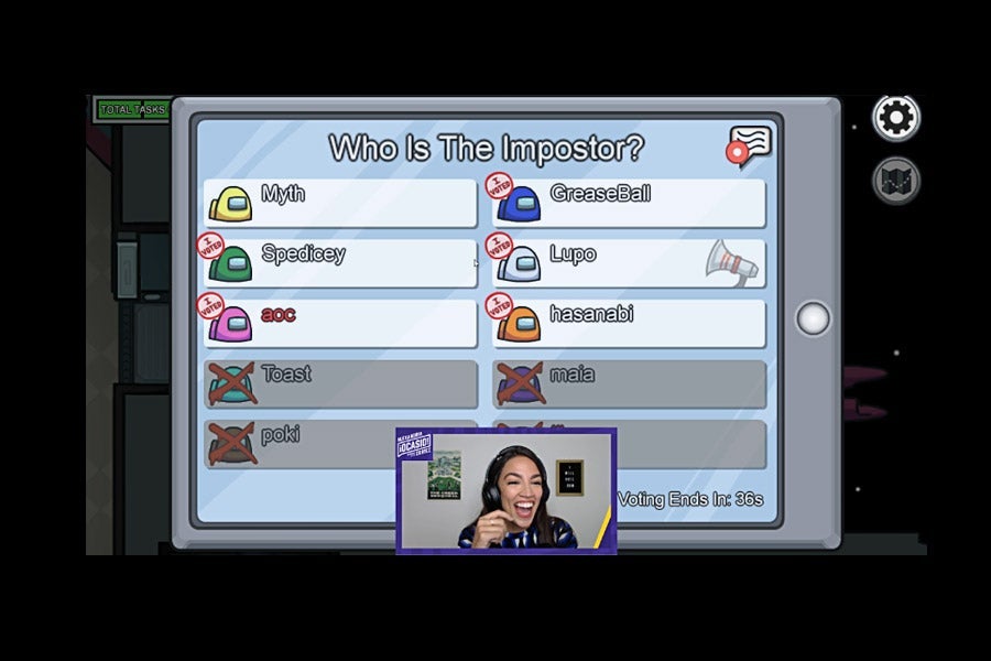 Alexandria Ocasio-Cortez, in a small chat window, laughing, superimposed on a screenshot from Among Us showing a list of the players.