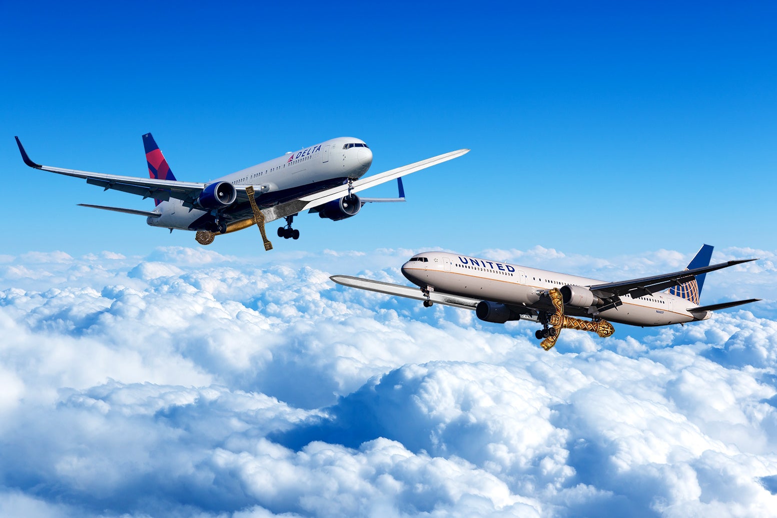 A Delta airplane and a United airplane dueling above the clouds with swords.