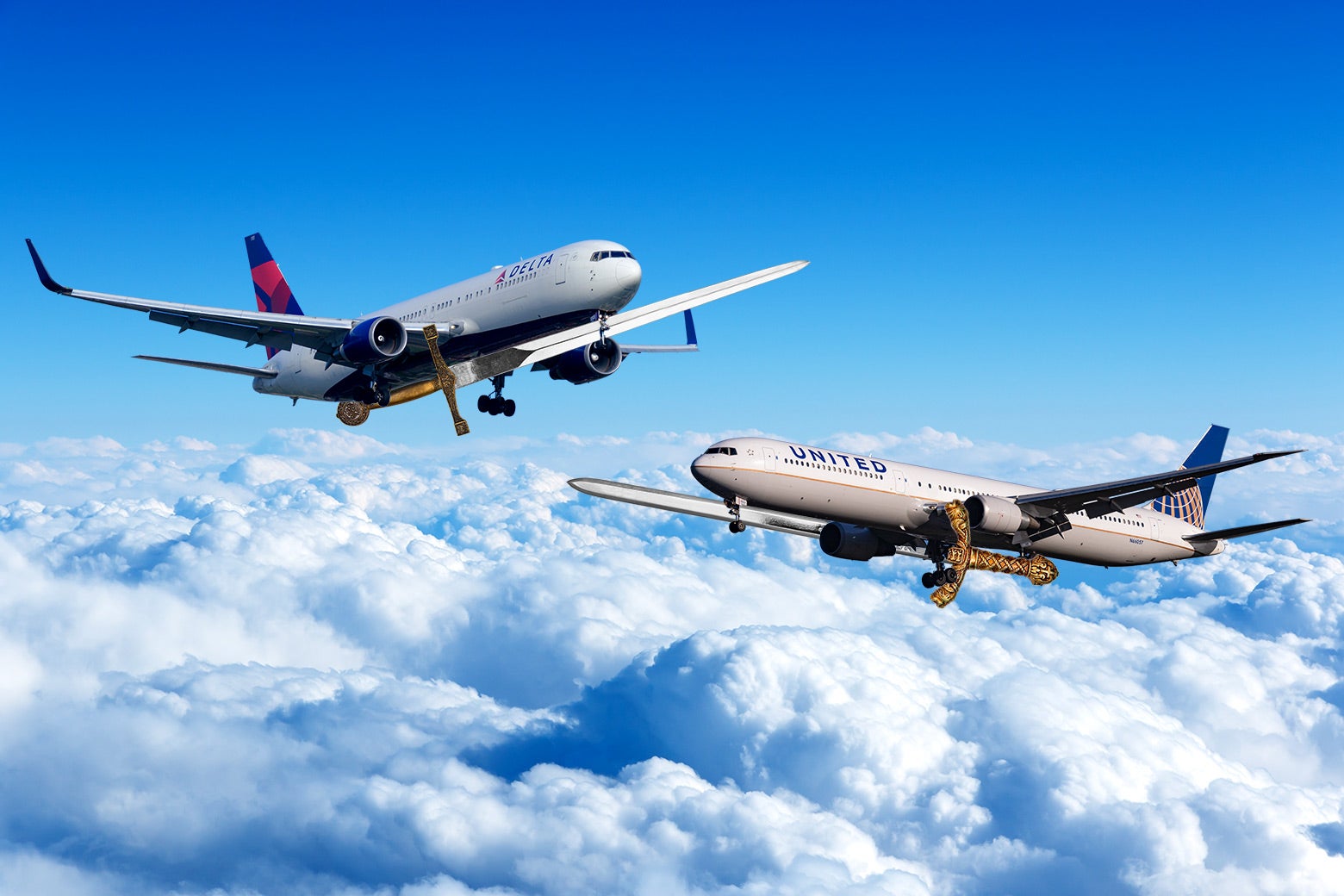 A Delta plane and a United plane dueling above the clouds with swords.