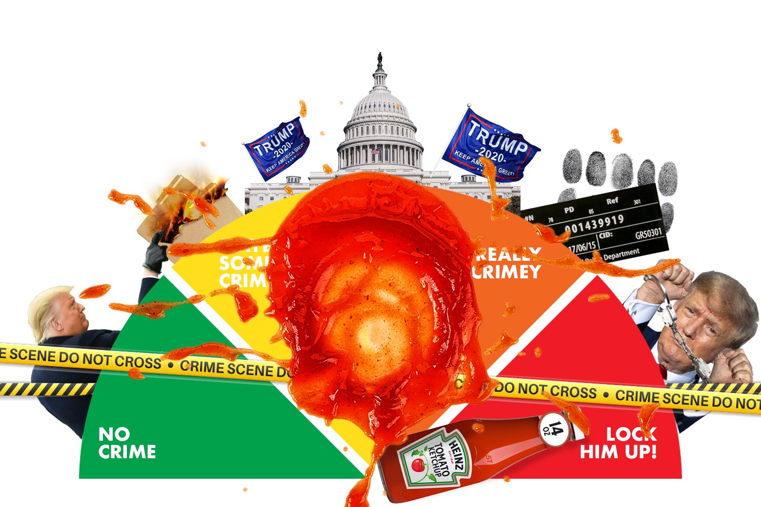 The Crime-O-Meter, its gavel indicator replaced by a bottle of ketchup, reads LOCK HIM UP. There is also a ketchup splatter on the middle of the meter.