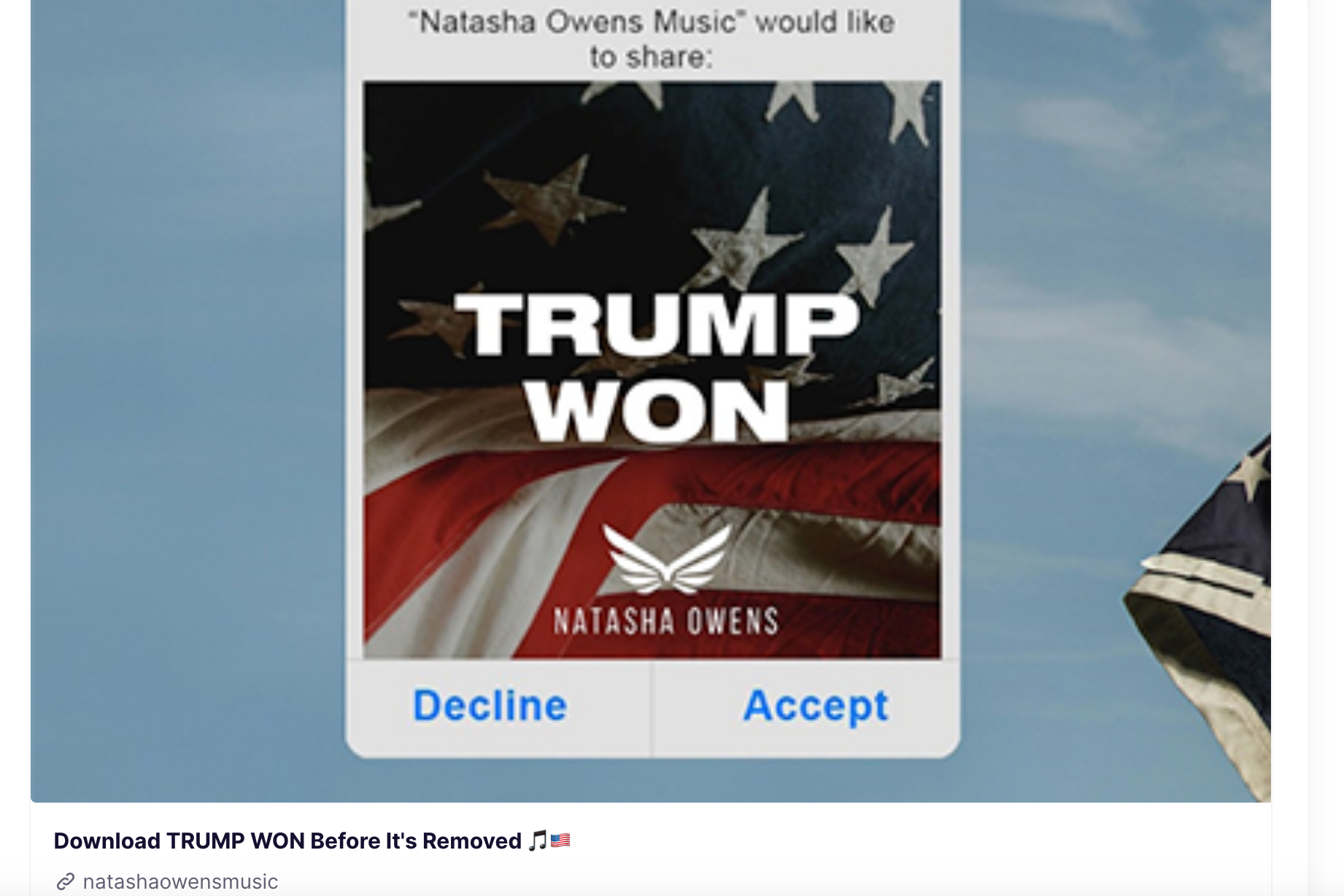 A digital advertisement for the Natasha Owens song "Trump Won"