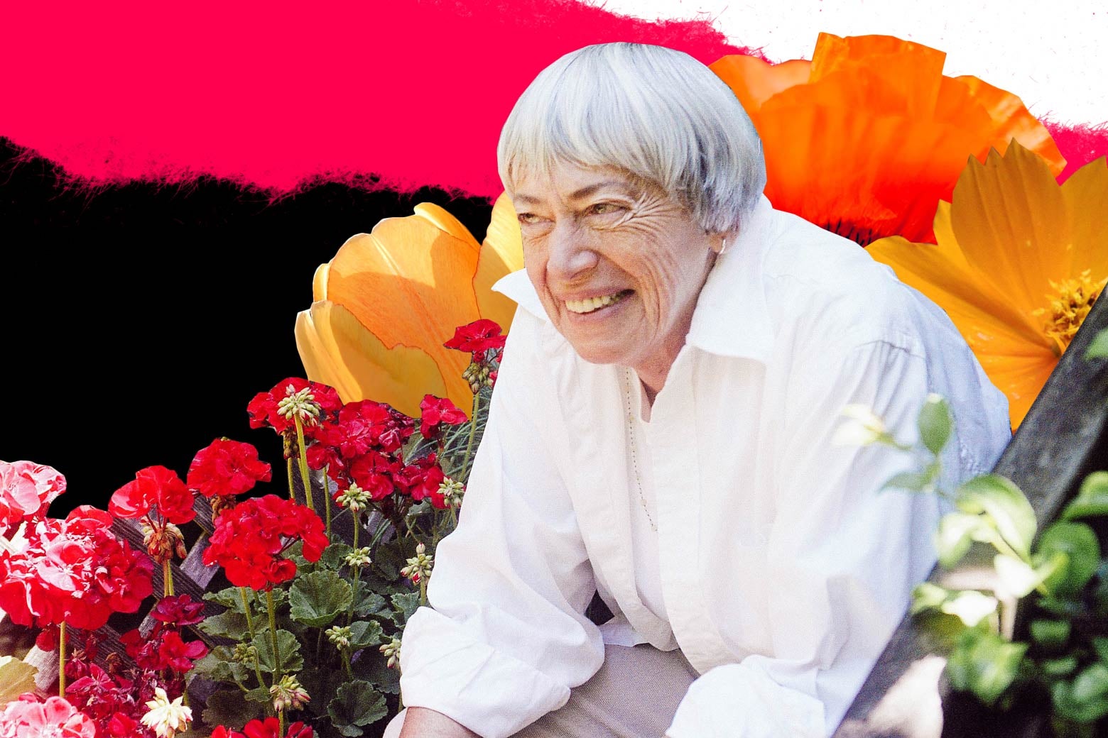 Photo illustration: Ursula K. Le Guin surrounded by flowers in her garden.