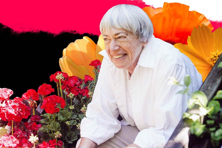 Photo illustration: Ursula K. Le Guin surrounded by flowers in her garden.