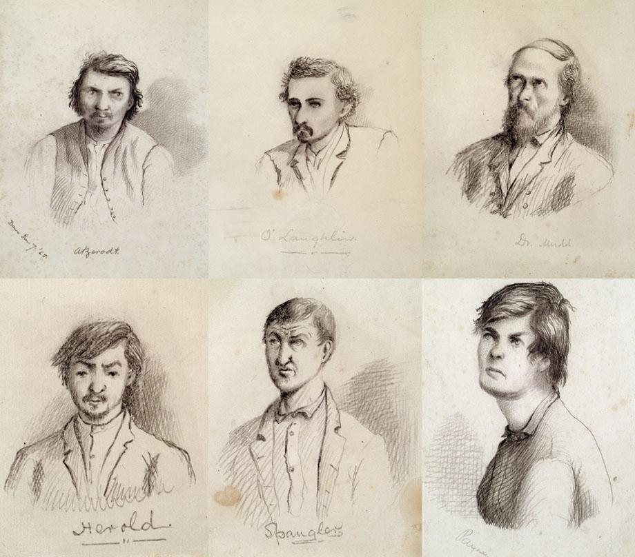 Wallace’s sketches (clockwise from L-R) of George A. Atzerodt, Michael O'Laughlin, Dr. Samuel Mudd, Lewis (Payne) Powell, Edman Spangler and David E. Herold.