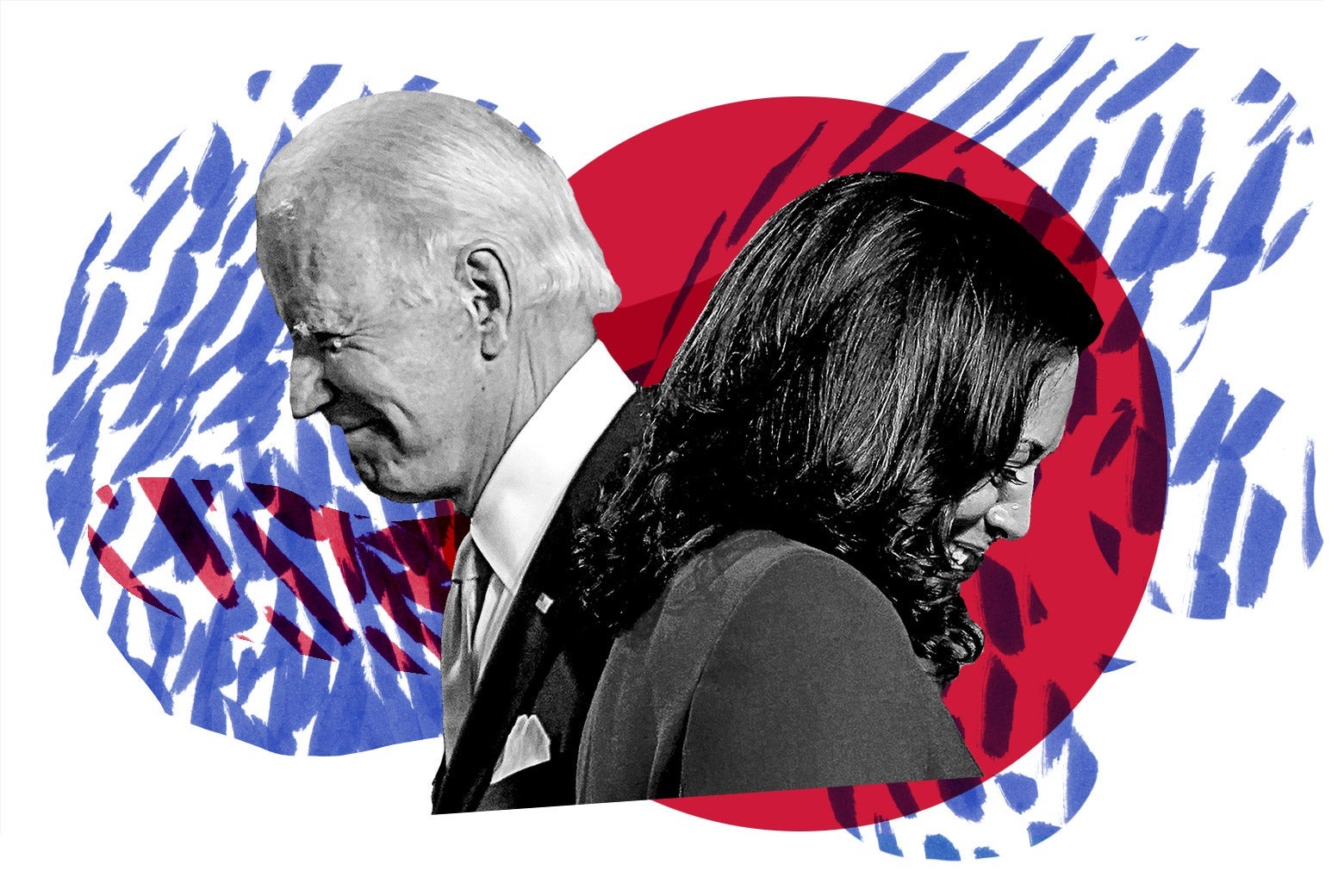 Joe Biden and Kamala Harris smiling and walking in opposite directions.