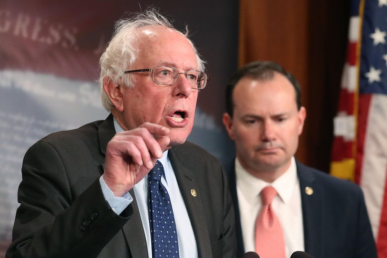 WASHINGTON, DC - MARCH 01: Sen. Bernie Sanders (I-VT), (L), and Sen. Mike Lee (R-UT), introduce a joint resolution to remove U.S. armed forces from hostilities between the Saudi-led coalition and the Houthis in Yemen, on Capitol Hill February 28, 2018 in Washington, DC.  (Photo by Mark Wilson/Getty Images)