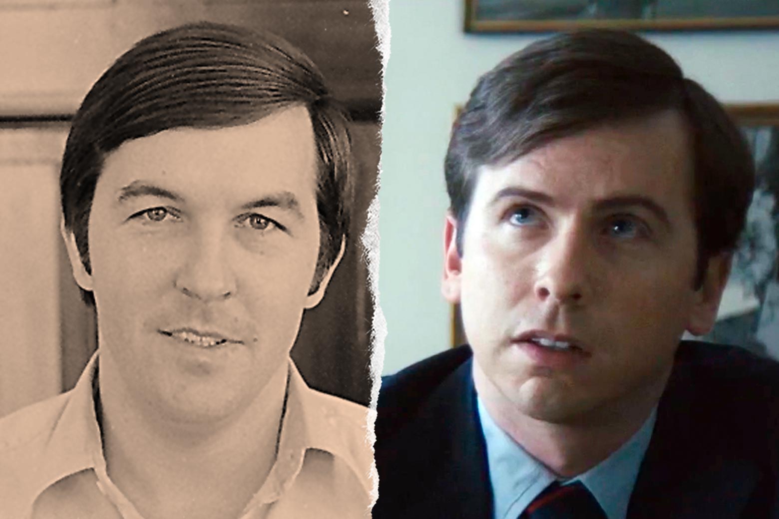 Both men look similar, preppy, their hair combed to one side.