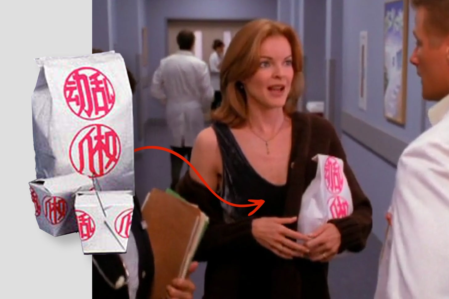 A woman on a TV show holds several Chinese takeout bags with prominent red lettering on them.