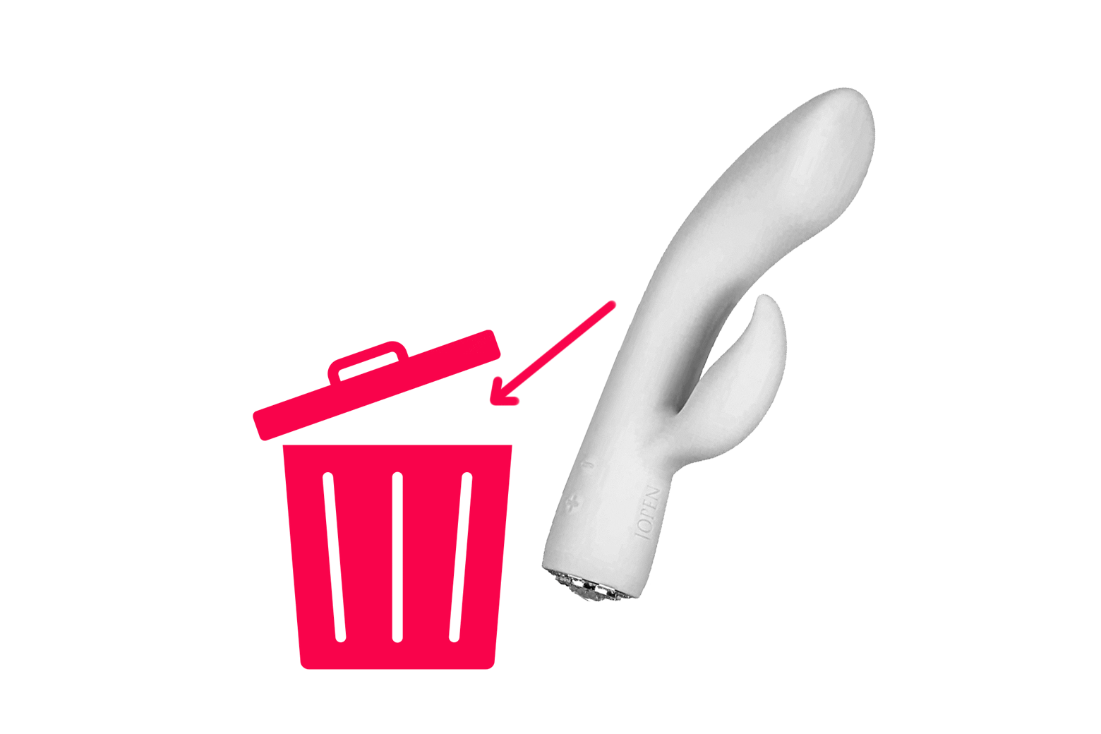 An illustrated arrow points an animated vibrator at a trash can.