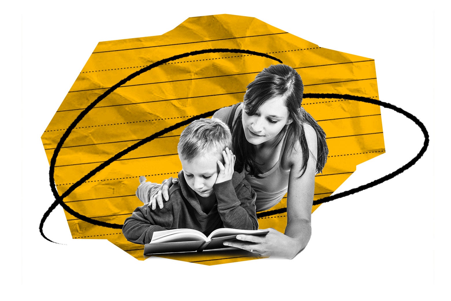 A mother helps her son with his schoolwork.