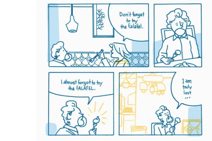 Comic panels show a man and a woman dining and talking at a falafel restaurant.