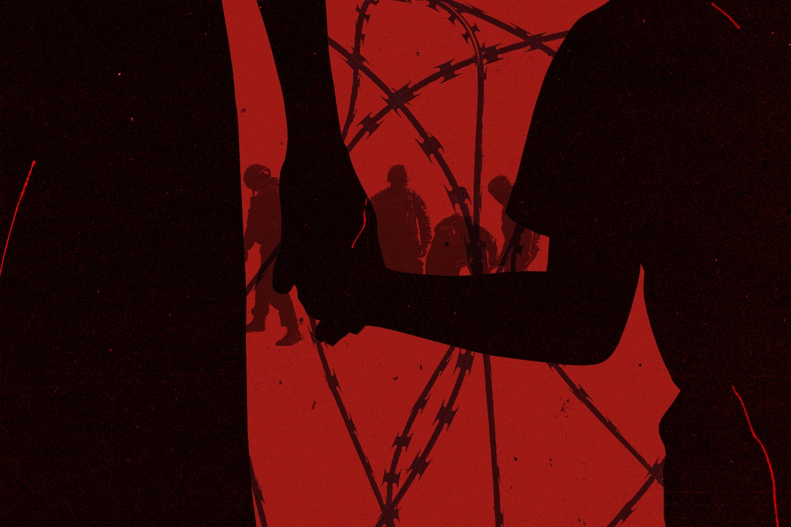 A photo illustration of an adult and a child holding hands in front of a barbed wire fence, with silhouettes of Texas state national guard members in the background.