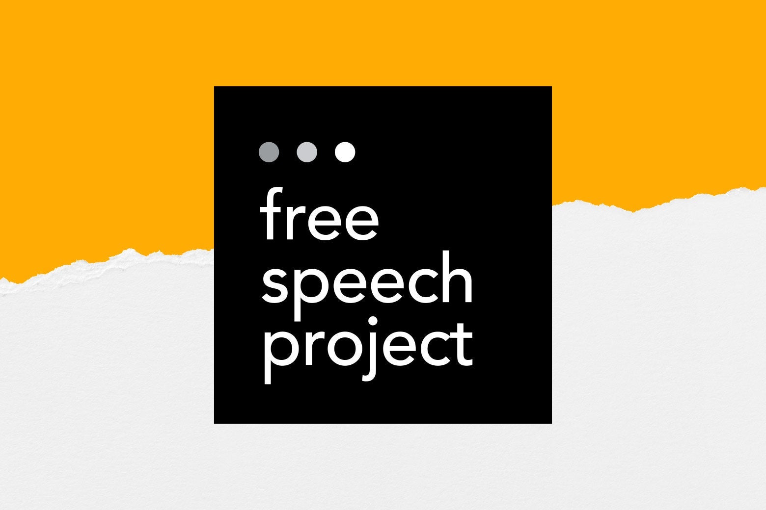 A black square with what text says "Free Speech Project" against a white and orange background.