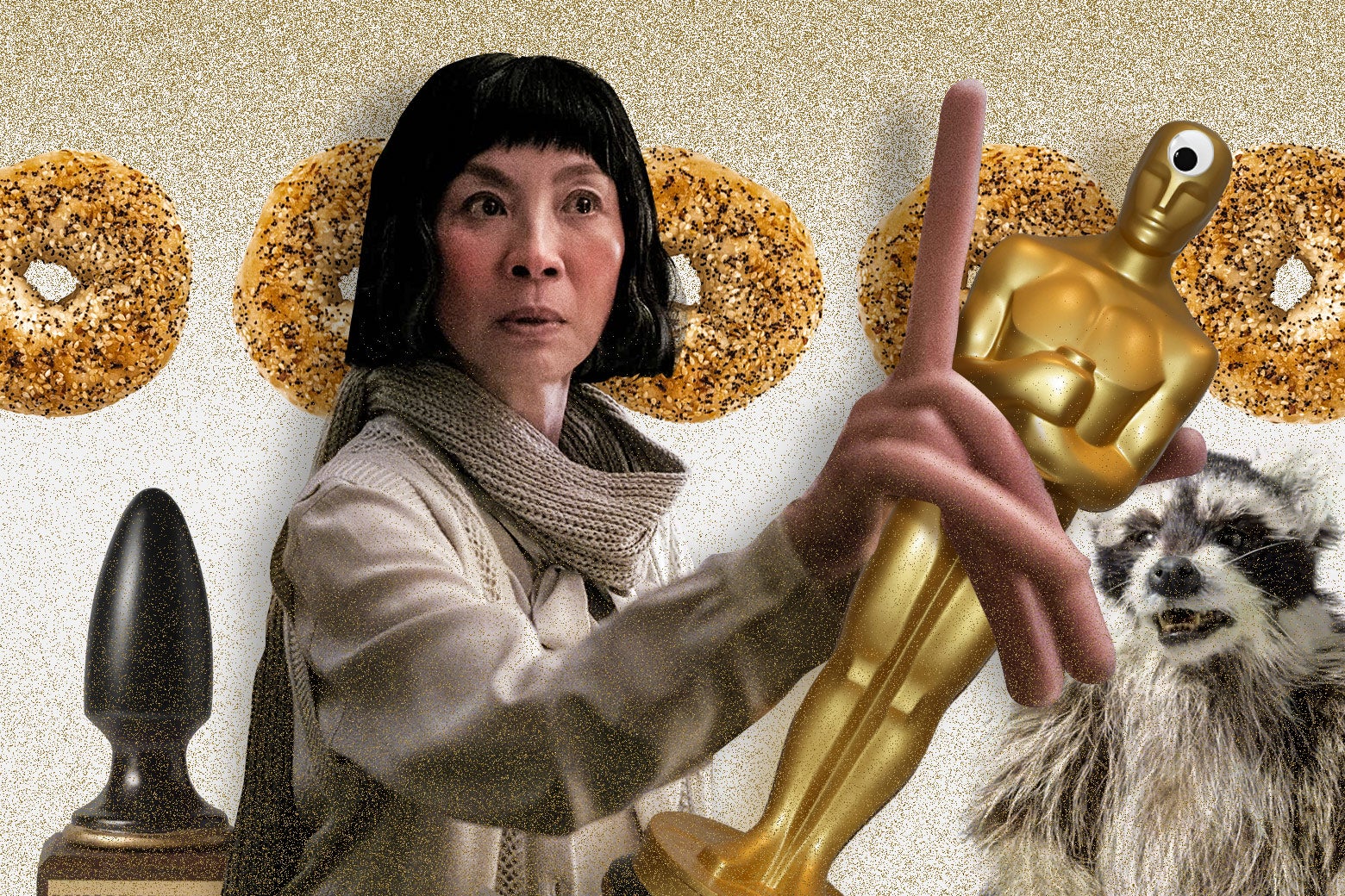 Everything Everywhere All at Once’s Michelle Yeoh, with hot dog fingers, holds an Oscar that has a googly-eye on its forehead. Behind her, everything bagels, butt plugs, and raccoons.