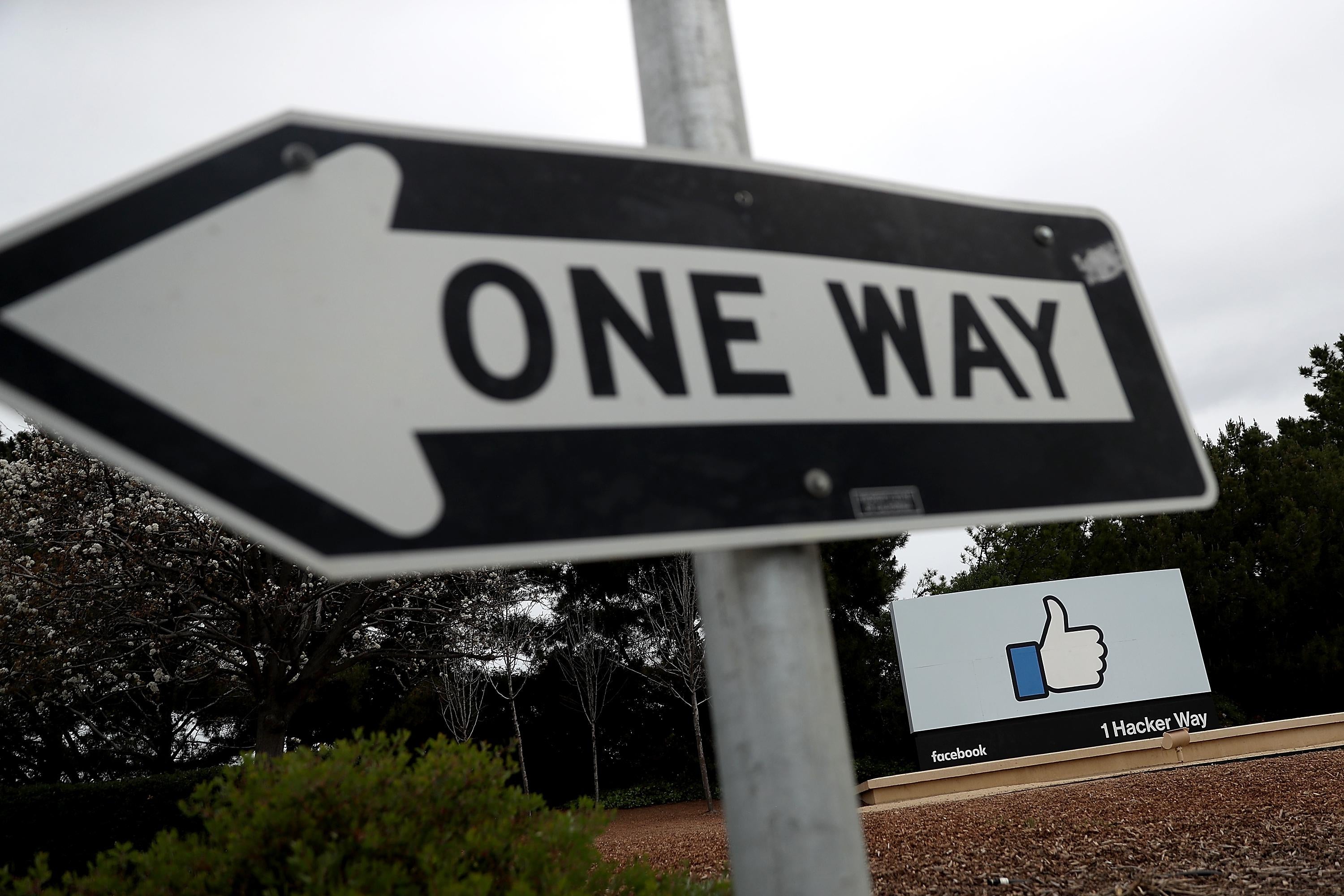 A one-way sign in front of Facebook’s headquarters.