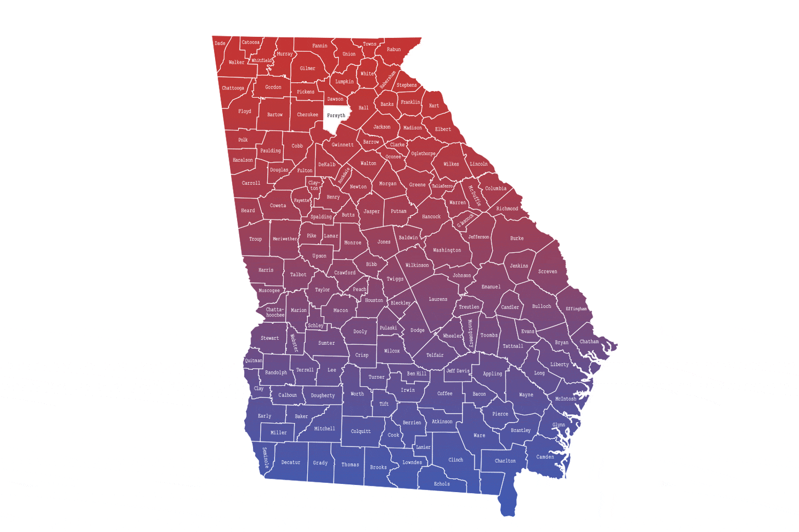 Map of Georgia with an animated red-blue gradient going over it and a single county, Forsyth, in white