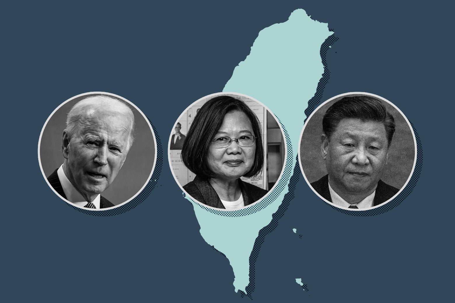 Photos of Joe Biden, Tsai Ing-wen, and Xi Jinping over an outline of Taiwan.