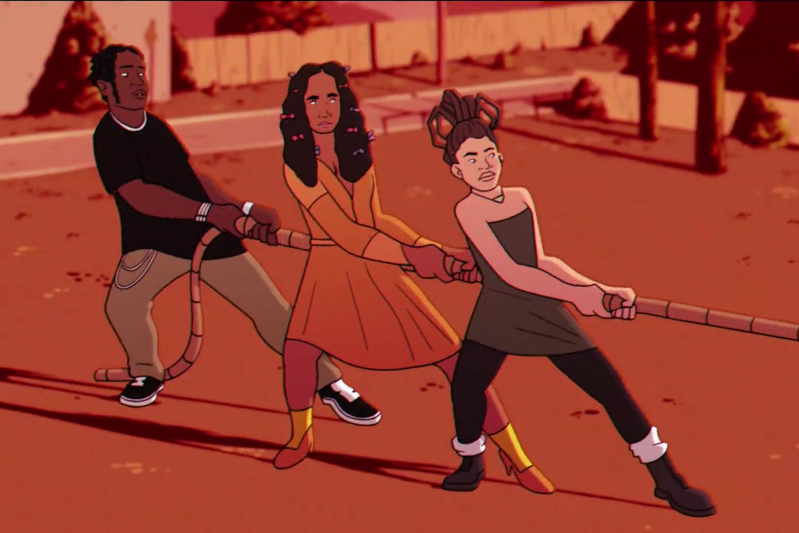 Animated versions of A$AP Rocky, Solange, and Willow Smith playing tug of war.