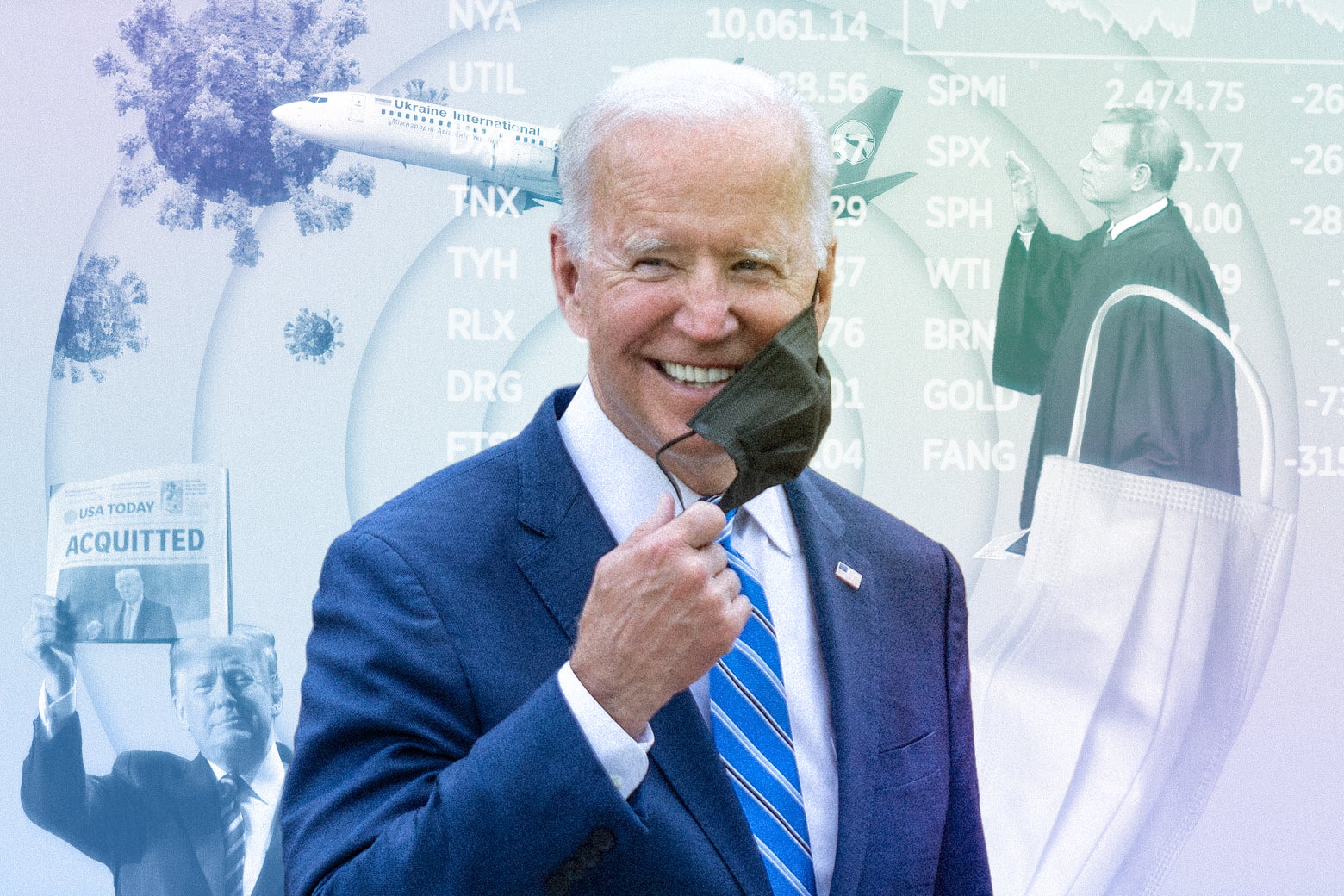 A photo collage of Biden holding a mask, John Roberts, Trump holding up a paper that reads AQUITTED, an airplane, and a close-up of the COVID-19 virus