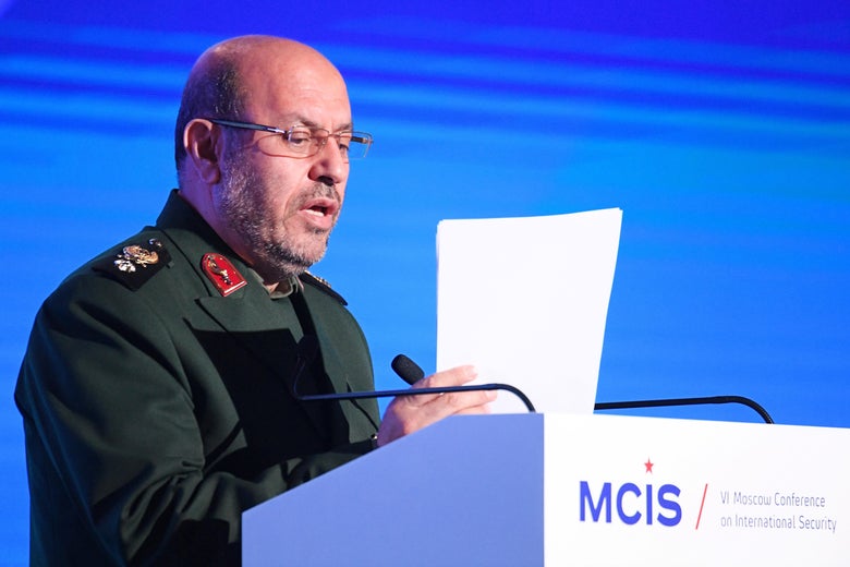 Iran's then-Defense Minister Hossein Dehghan gives a speech at the 6th Moscow Conference on International Security (MCIS) in Moscow on April 26, 2017. 