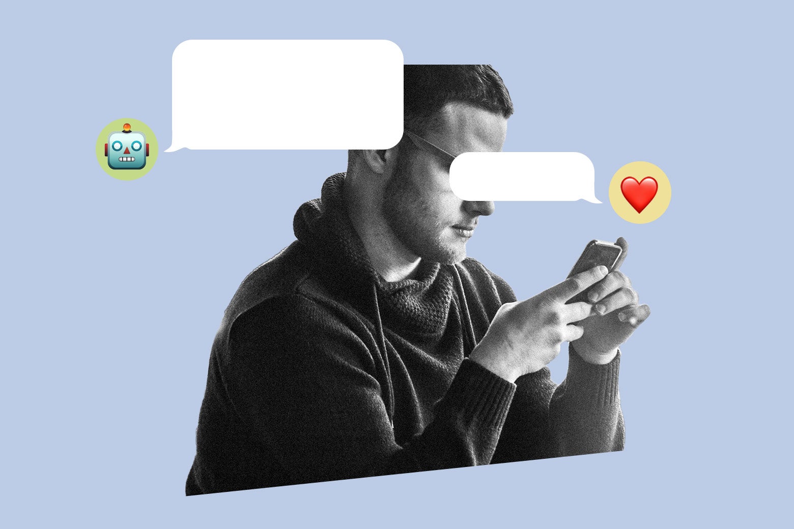 A man texting. He sends a heart emoji to a robot.