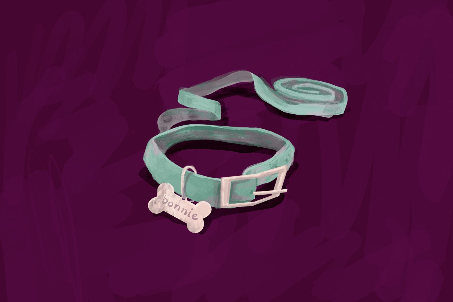An illustration of a green leash with a tag that says "Bonnie" on it.