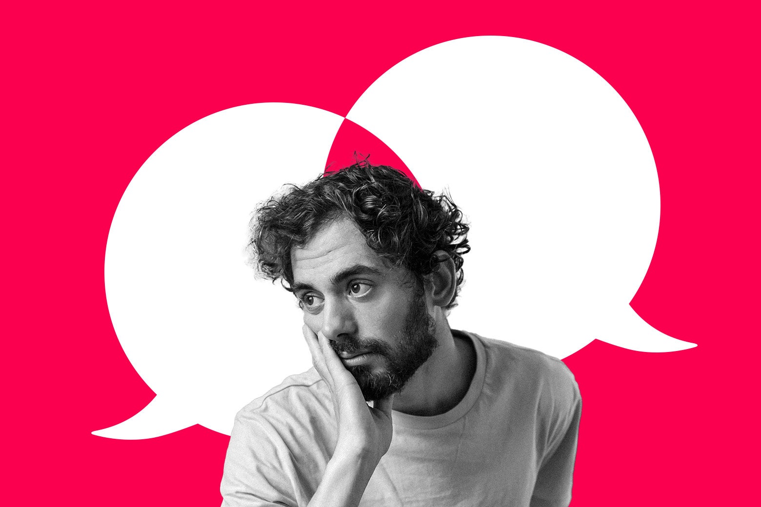 A man looks upset between two fighting speech bubbles.